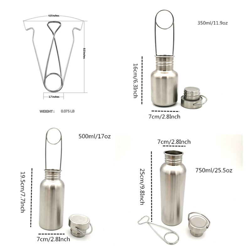 Water Bottle with Hook Stainless Steel Flask Wide Mouth Jar Leak-Proof for Camping Picnic Hiking 350/500/750ml