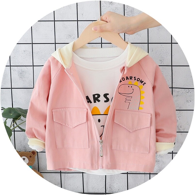Herfst Baby Jongens Cartoon Dinosaur Lange Mouw Capuchon Kinderen Kinderen Ongedwongen Rits Bovenkleding Meisjes Jas Casaco: Roze / 24M
