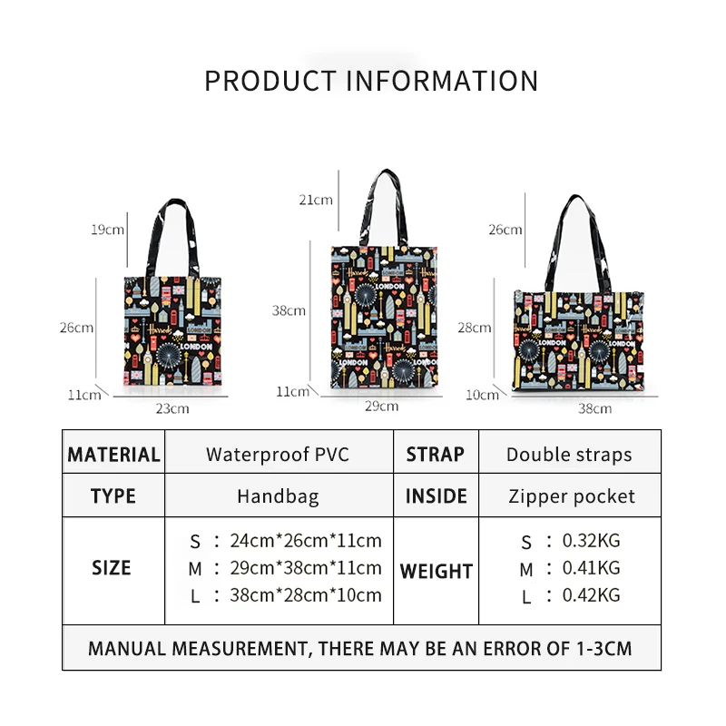 PVC Reusable Shopping Bag Women's Bag Eco Friendly London Shopper Bag Large Capacity Waterproof Handbag Shoulder Bag