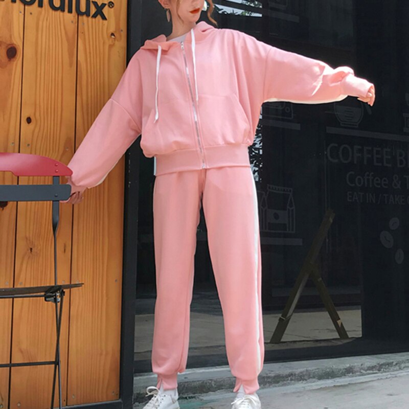 Vertvie Workout Tracksuits Women Zipper Crop Tops Drawstring Calf Length Pants Patchwork Sports Suits Oversize Coat Fitness: Pink / XXL