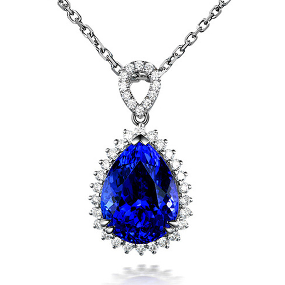 Big Blue sapphire anhänger halskette frauen kristall zirkon diamanten edelstein weiß gold braut fest schmuck-party Weihnachten