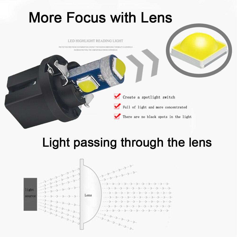 Ampoule led T5 B8.5 B8.5D 3030-3SMD, 20 pièces, indicateur de jauge, lumières intérieur du tableau de bord, lampe latérale, dc 12v