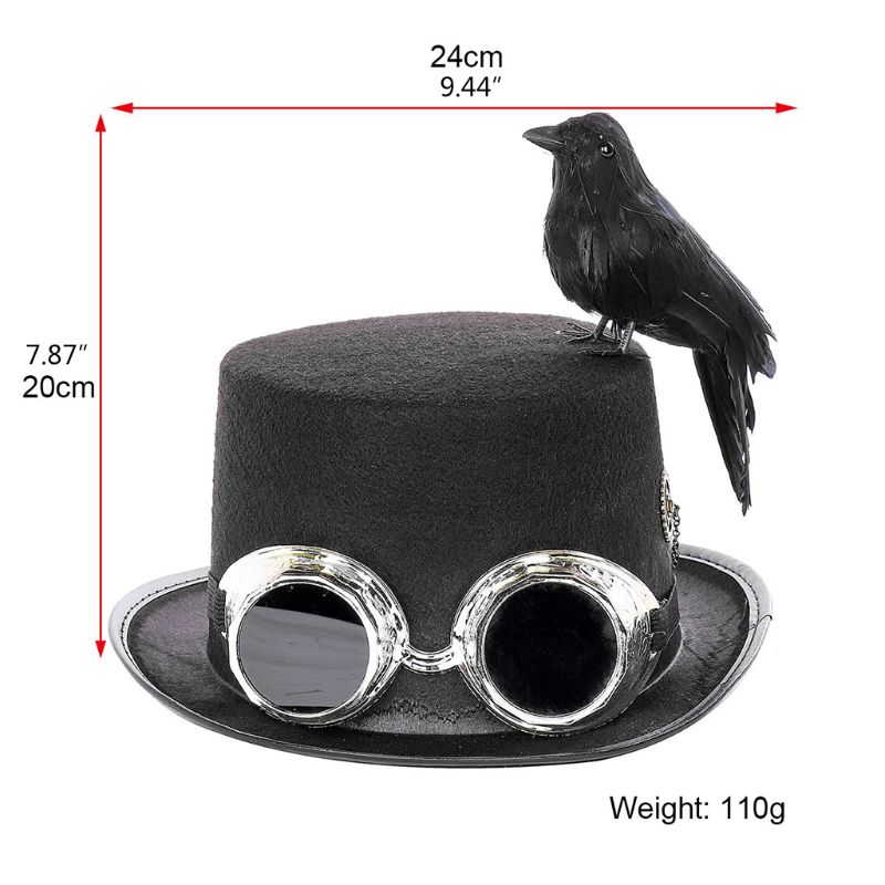 Unisex Heavy Metal Music Festival Top Hat Carnival Retro Gothic Steampunk Cosplay Black Jazz Cap with Crow Goggles