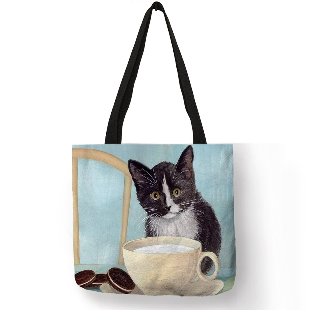 Eco Linnen Herbruikbare Boodschappentas Met Olie Kat Schilderen Vrouwen Mode Tote Bag Handtassen Student Reizen Schooltassen: 004