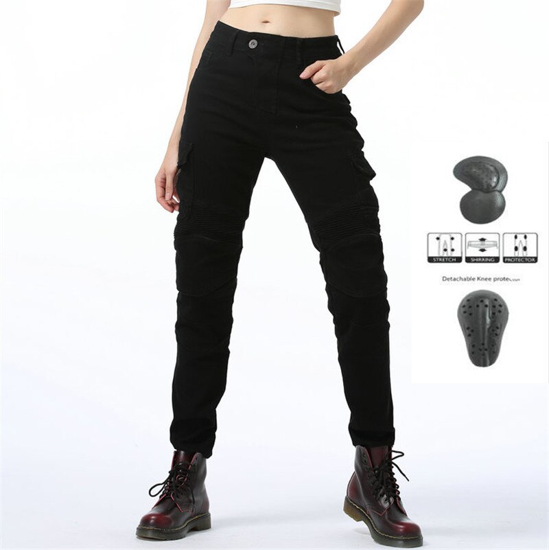 Komine Same Style Spring and Autumn Female Motorcyclist Anti-fall Jeans With Protective Gear Women Knight Moto Pants Equipment: black B / 25