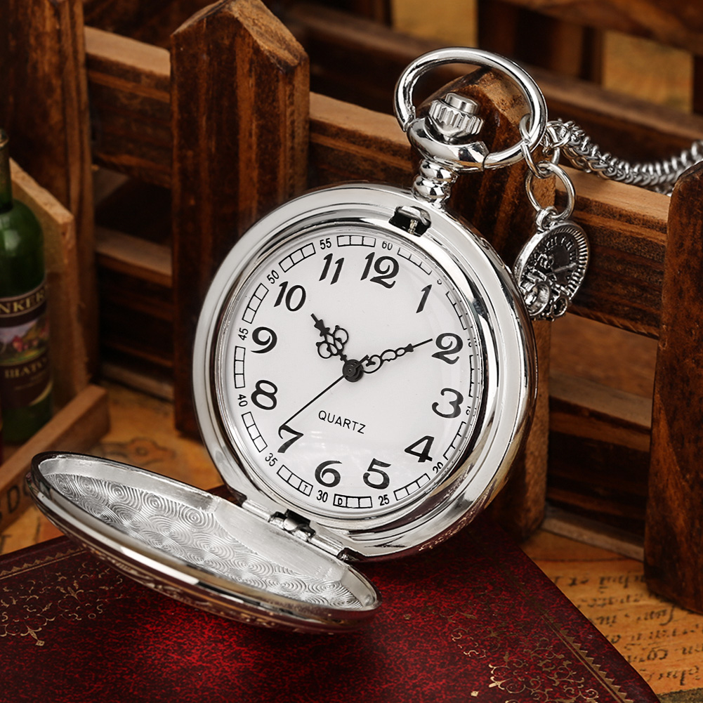 Retro Double Numeral Display Quartz Pocket Watch Antique Silver Necklace Pendant Clock Exquisite for Men Women