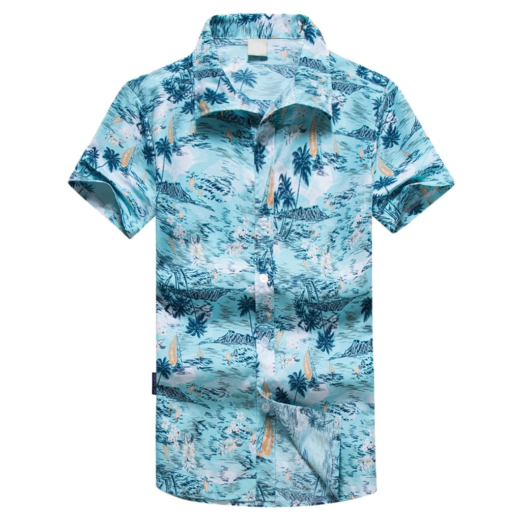 Camisa hawaiana de playa verano tropical para hombre camisa de manga corta ropa de Casual suelta de algodón con botones abajo camisetas azul