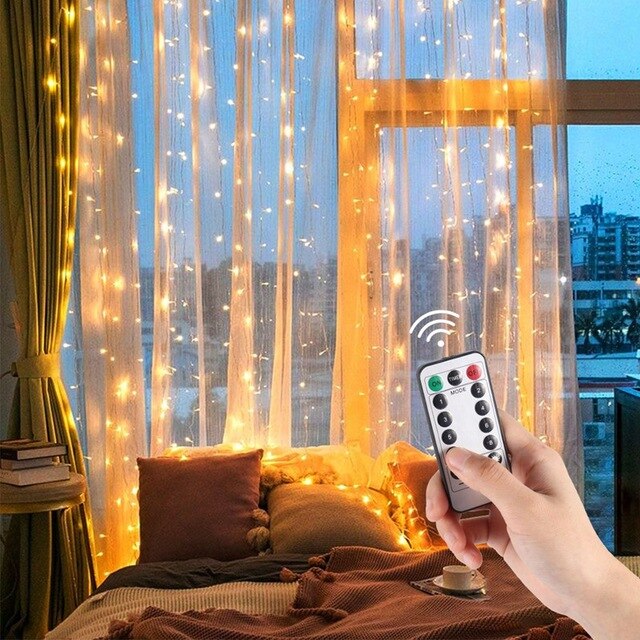 3M Led Gordijn Lights Garland Gordijn Lamp Afstandsbediening Usb String Fairy Lights Kerst Decoraties Voor Huis Slaapkamer Venster: Warm White / 3X3M