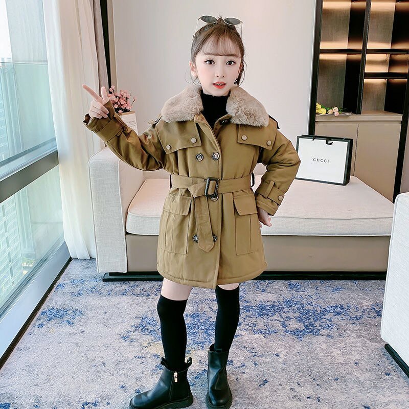 Winter Mädchen Jacke Winddicht Warme Mantel Pelz Kragen Outwear Zweireiher lässig freundlicher freundlicher Kleidung 4-16 Jahre alt: Kakifarbig / 110