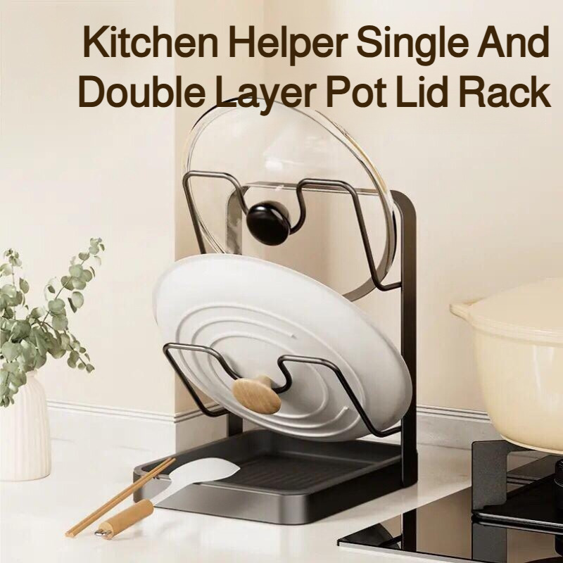 Kitchen Pot Lid Rack with Drainage Tray, Multi-functional Countertop Cutting Board Storage Rack, Space-Saving Easy to Clean