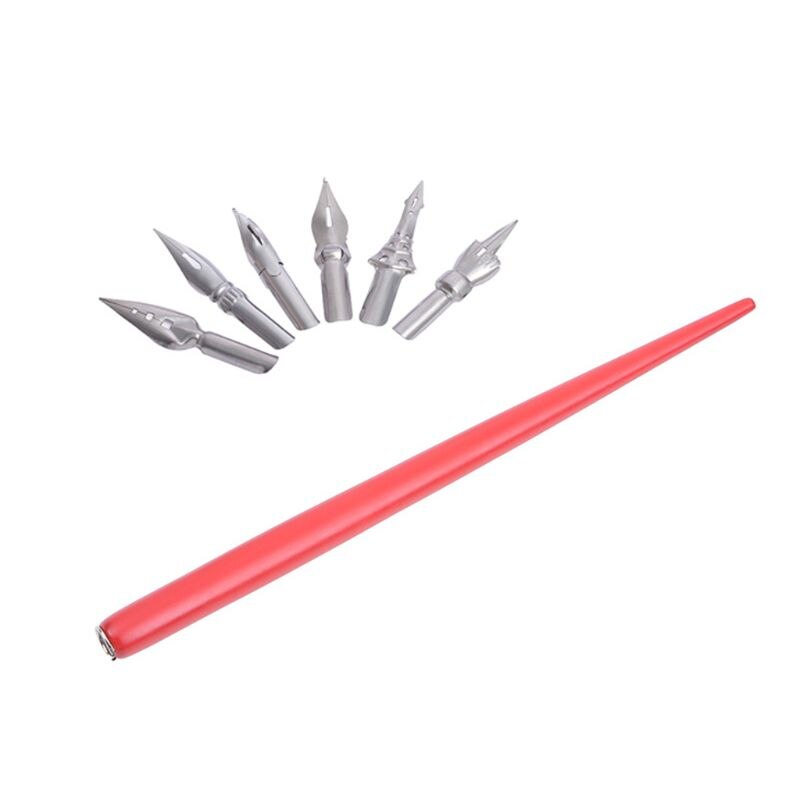 Wooden Manga Comic English Calligraphy Fountain Dip Pen with 6 Nibs Kit for Lettering Sketching Drawing: Red