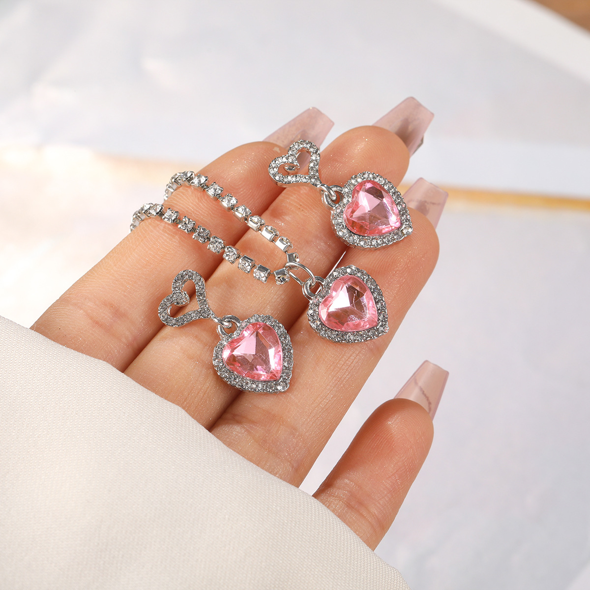Conjunto de collar y pendientes de cristal rosa con circonita de corazón para mujer, collar colgante de lujo, pendientes, conjuntos de joyería de boda, , 3 uds.