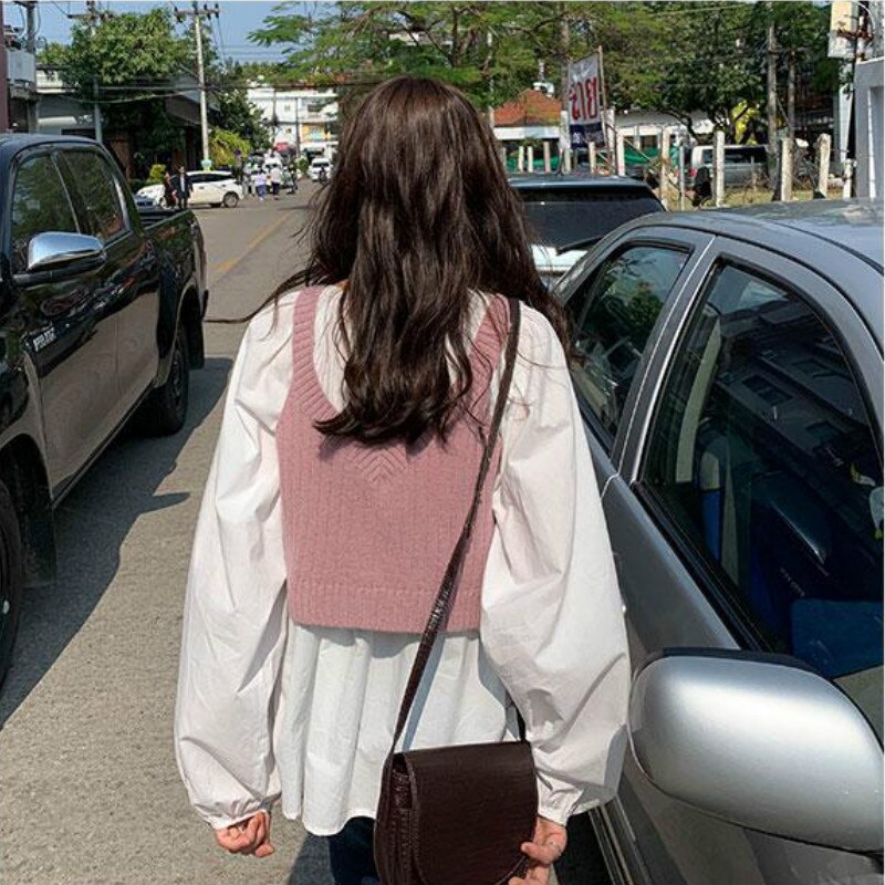 Sweater Vest Women Korean Style Crop Tops Leisure V-neck Trendy Sweet Sweaters Students Lovely Simple Solid All-match
