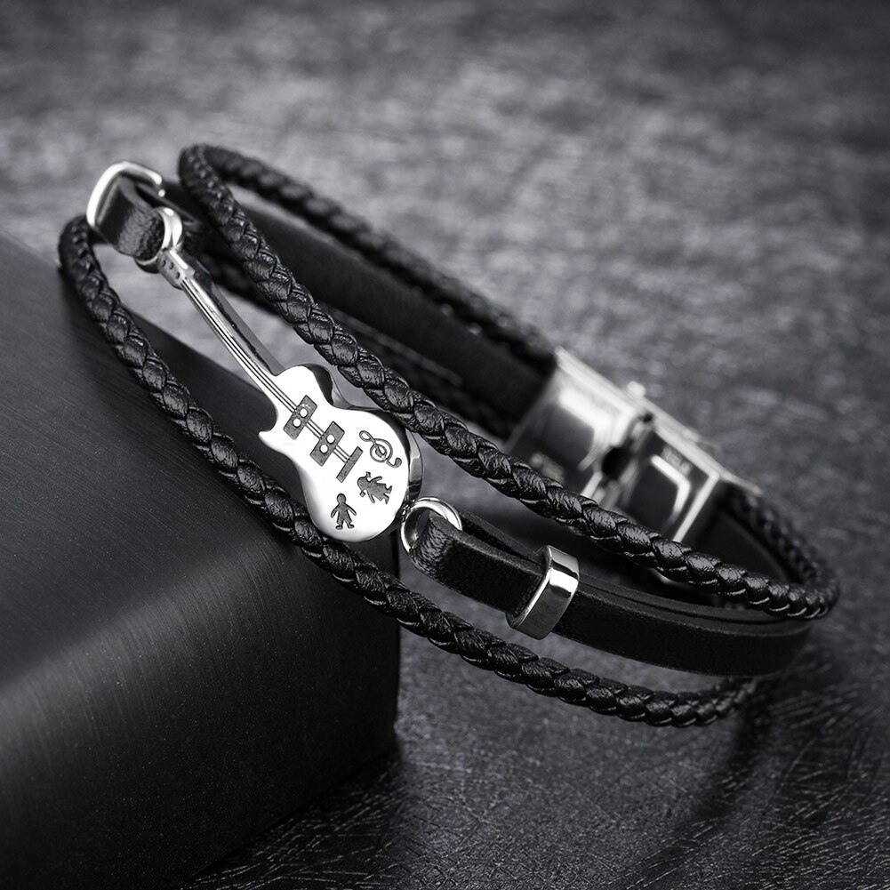 Newly 21cm Guitar Bracelet Leather Braided Rope Multi Layer Bangle for Men DOD886