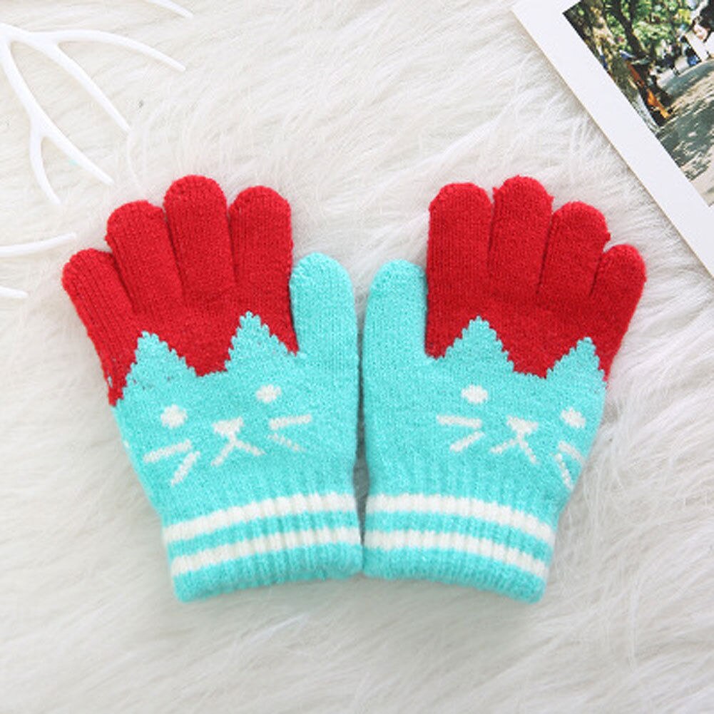 Guantes de invierno para niños, niños y niñas, con dibujos de gato, 1 par: Azul cielo