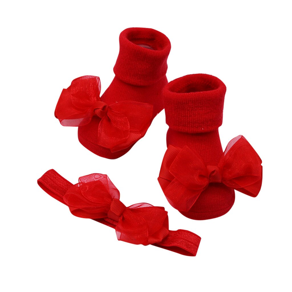 2 uds. Calcetines antideslizantes para bebés pequeños zapatos de zapatilla para niñas algodón suave para el invierno calcetines para interiores + 1 pieza de cinta de pelo Y819