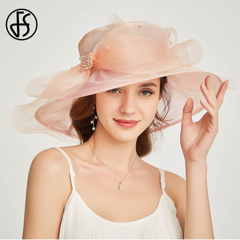 FS Beige Weiß Organza Breite Krempe Sonnenhut Hüte Für Frauen Kirche Hüte Frauen Elegante Kentucky Derby Hütte Damen Großen Bogen Fedora: licht rosa sonne Hat