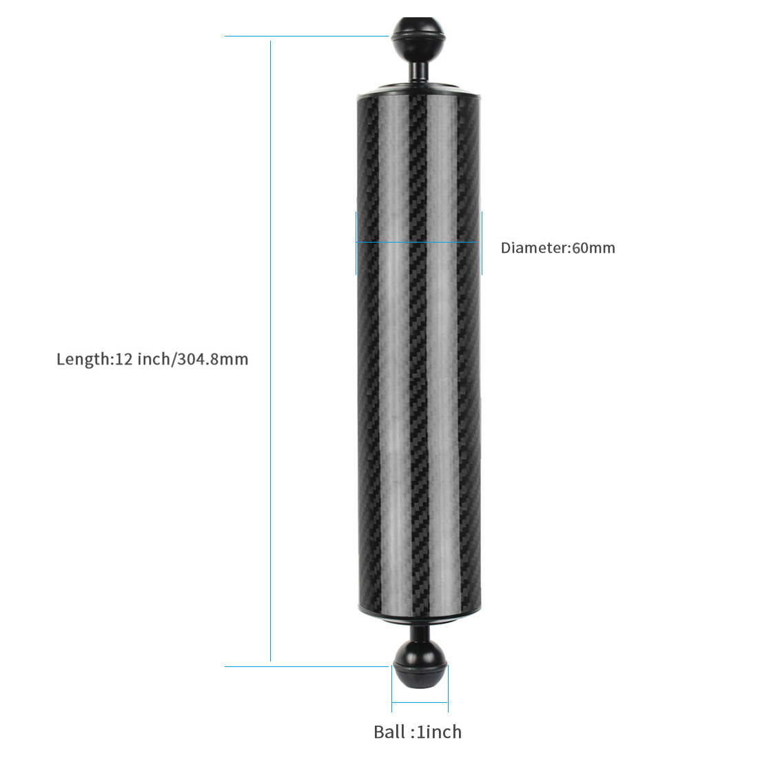 Bandeja de extensión de fibra de carbono para Gopro yi EKEN y DJI OSMO Action, flotador de brazo acuático de flotabilidad, cámara SLR de doble bola para buceo: 12inch D60mm Black