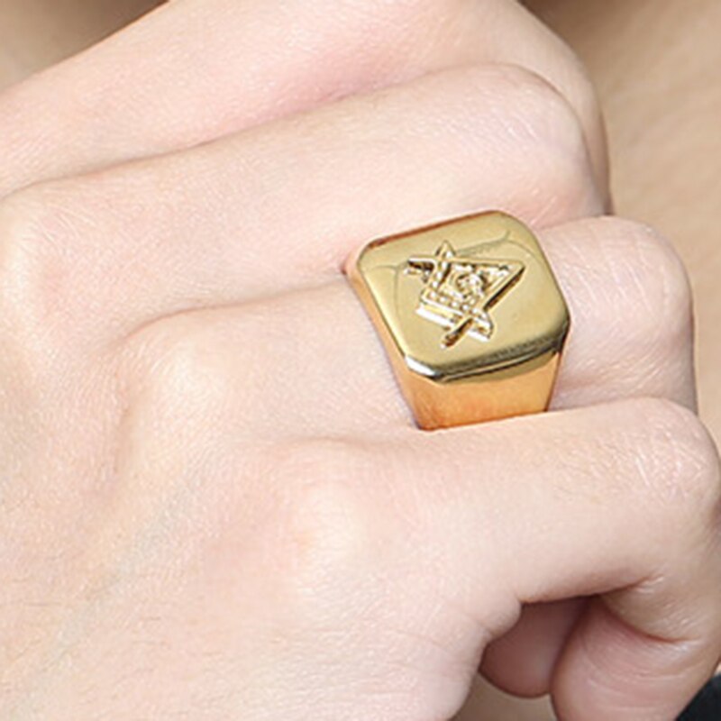 Male Gold Color Masonic Rings Stainless Steel Jewelry for Men Highly Polished Titanium Punk Rings for Brother