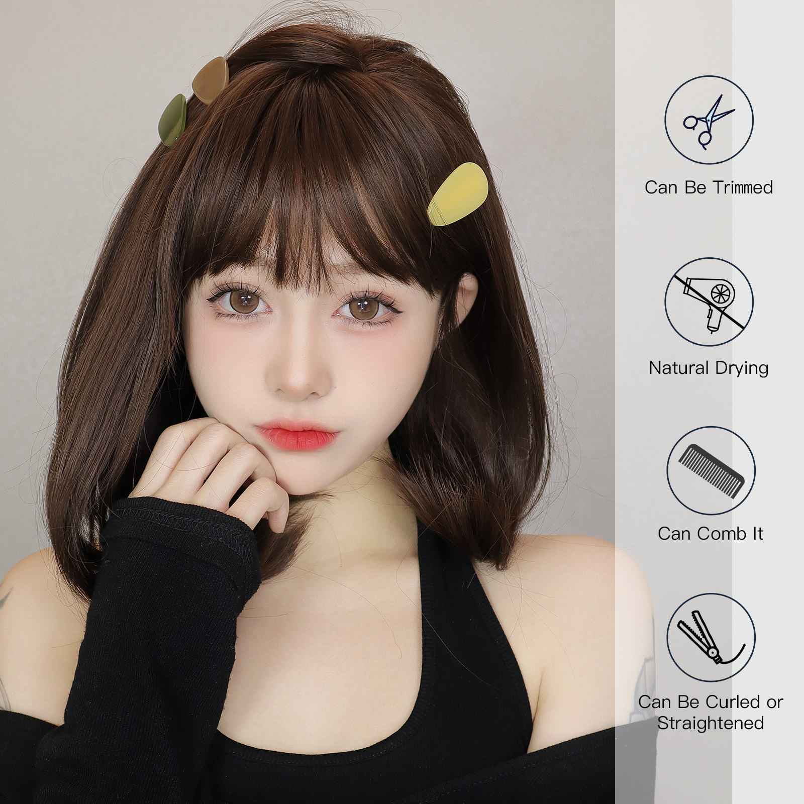 Korte Bob Synthetische Pruiken Zwart Bruin Steil Haar Pruik met Pony Natuurlijke Synthetische Haar Pruik Voor vrouwen Dagelijks Feest Cosplay Gebruik