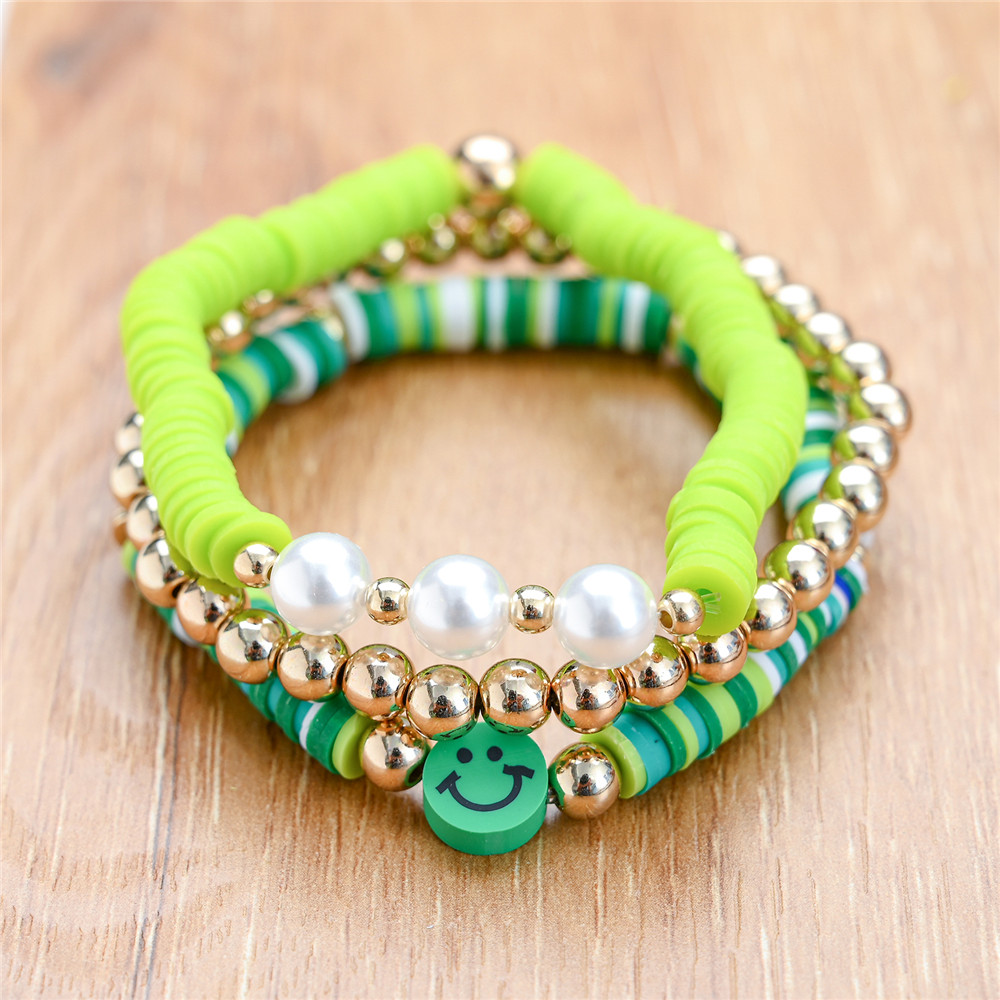 Boho Kleurrijke Polymeer Klei Smiley Gezicht Vriendschap Armband 3 Stks/set Ronde Kralen Multilayer Wrap Armband Vrouwen Polsband