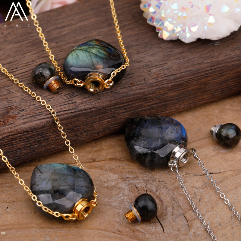 Arco-íris labradorite garrafa de óleo essencial perfume garrafa pingente colar moda feminina coração gem pedra jóias presente dropship