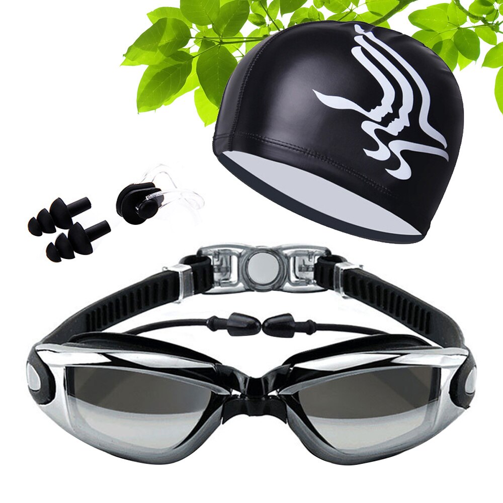High Definition Swimming Goggles Anti Fog Diving Glasses Electroplated Goggles With Cap for Man Woman (Black)