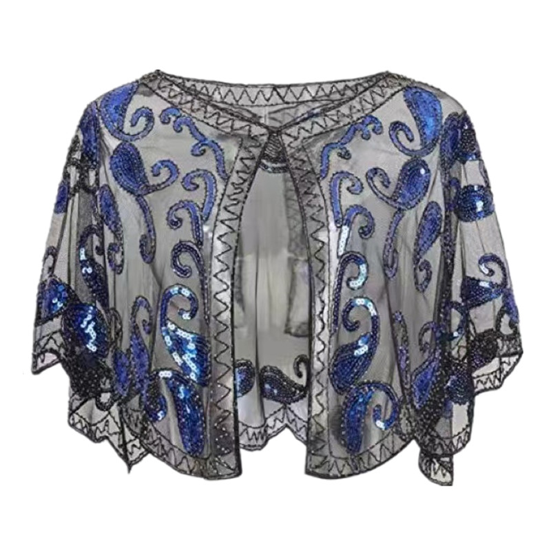 Chal de los años 20 para mujer, capa de noche decorativa con lentejuelas y cuentas, Bolero, Flapper, vestido de novia europeo y americano, chal en el escenario: royal blue