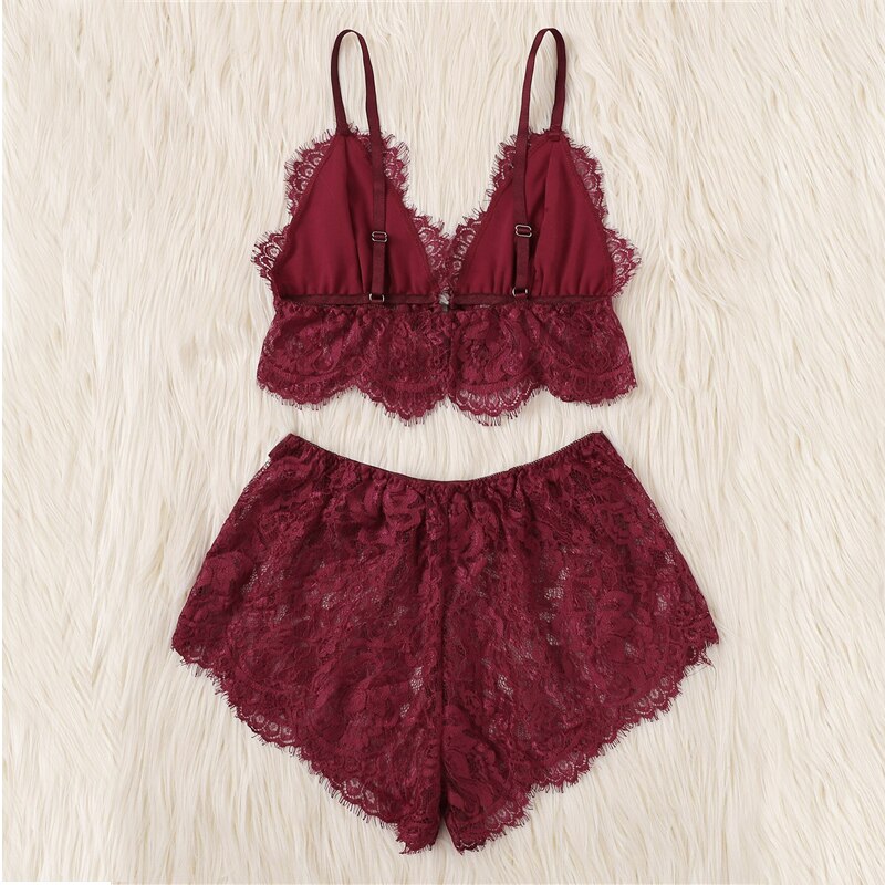 Lace Thin Bra Set Scalloped Floral Lace Lingerie Set Women Pajama Set Burgundy Bralettes And Briefs Sleepwear Sexy Nightgown