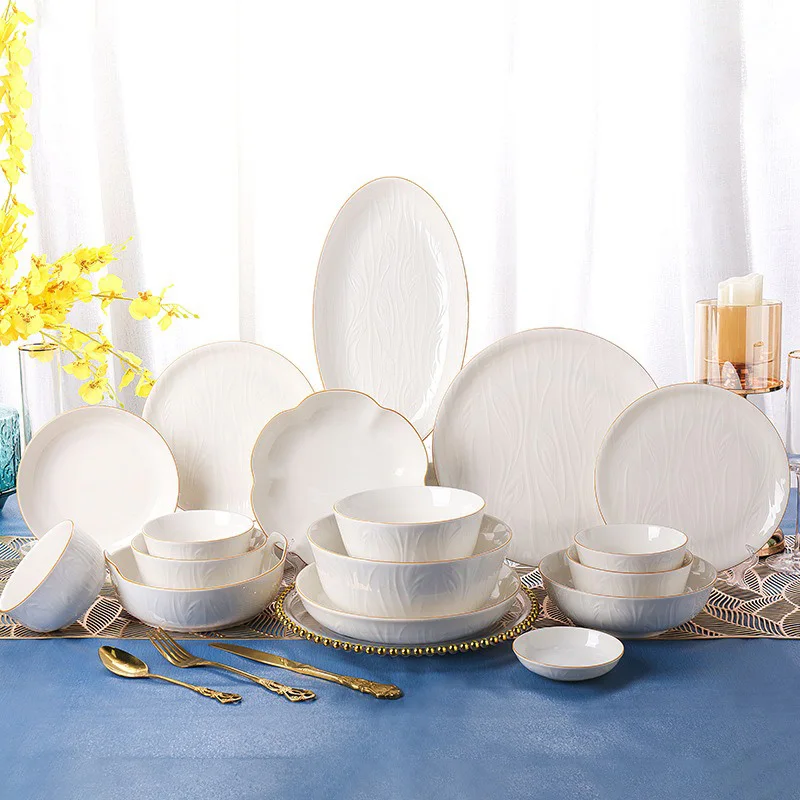 Pure White Ceramic Tableware Relief Golden Edge Fruit Vegetable Plate Easy-to-clean Rice Bowl Kitchen Tableware