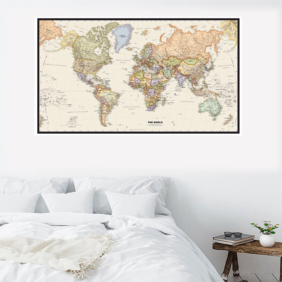Mapa físico del mundo HD, lienzo de la escuela de pintura pared para oficina, mapa, manualidades decorativas 2x4 pies