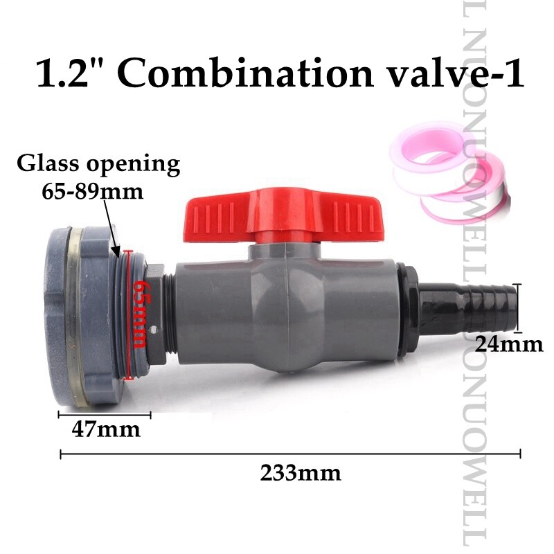 1Set 1/2"1" Combination Valve Aquarium Pagoda Connector Fish Tank Drain Joint Aquarium Hose Drainage Accessories Valve Assembly: 1.2in valve 1