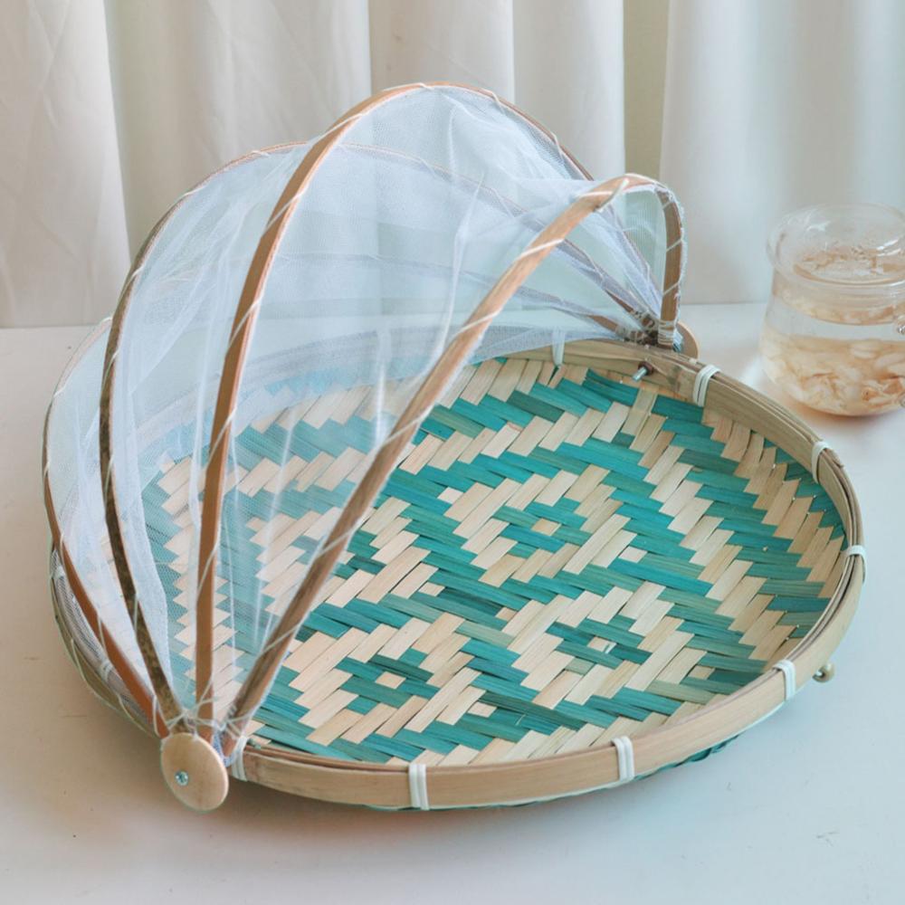 Bamboo Woven Basket Tray Fruit Vegetable Bread Storage Basket Hand-Woven Food Serving Tent Basket Outdoor Picnic Mesh Net Cover