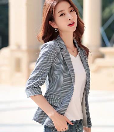 Blazers y chaquetas cortas a rayas para mujer coreana, ropa de abrigo de manga larga, abrigos de mujer, ropa de trabajo, rosa, tallas grandes: 9524 grises / Yo