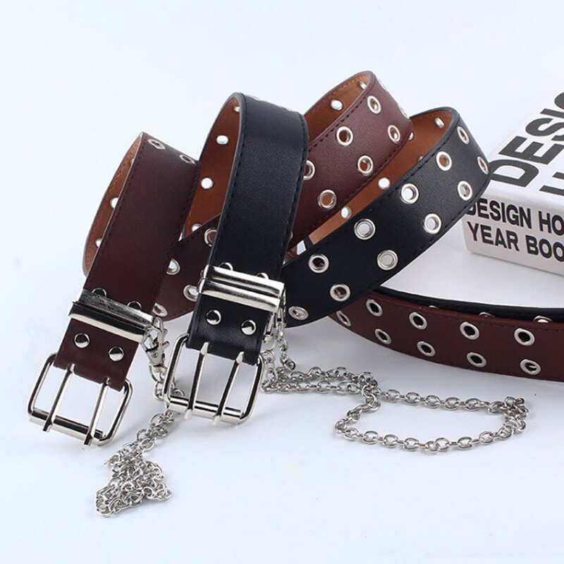 1 pcs Women Punk Chain Belt Adjustable Black Double/Single Eyelet Grommet Leather Buckle Belt