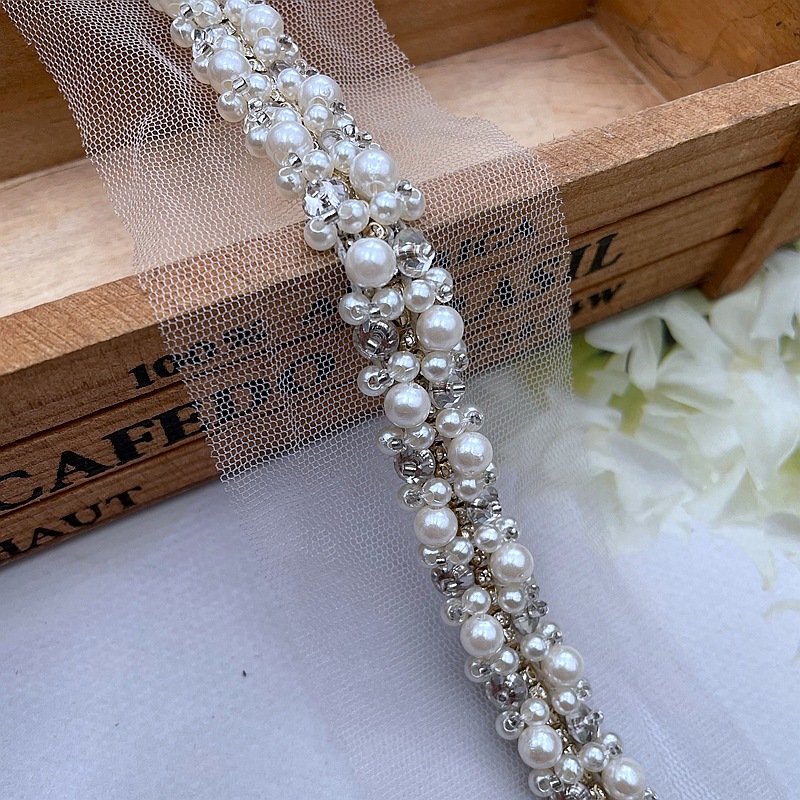 0.5 meter wit (45cm)  parelmoer kralen kantversiering handgestikte kristallen kralen kant lint stof naaimateriaal voor kleding: Wit