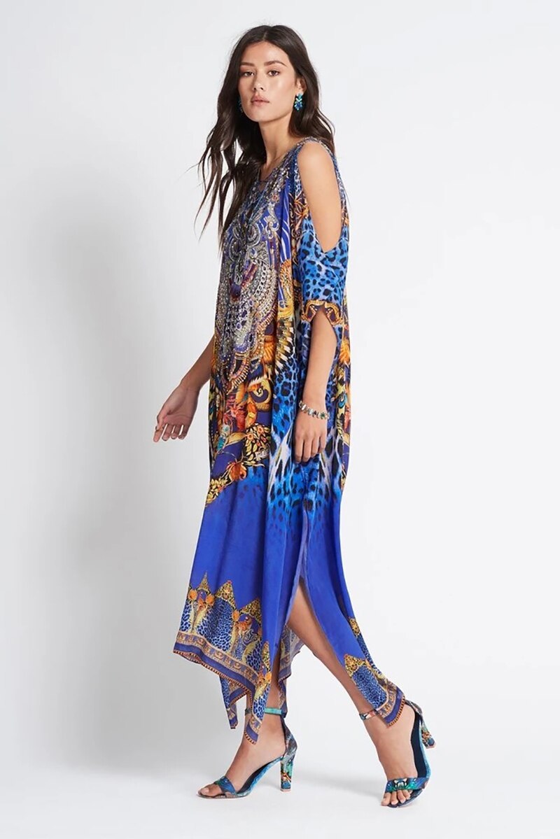 Fitshinling Open Schouder Boho Lange Jurk Print Lace Up Split Sexy Pareos Vintage Maxi Jurken Vrouwen Zomer Gewaad