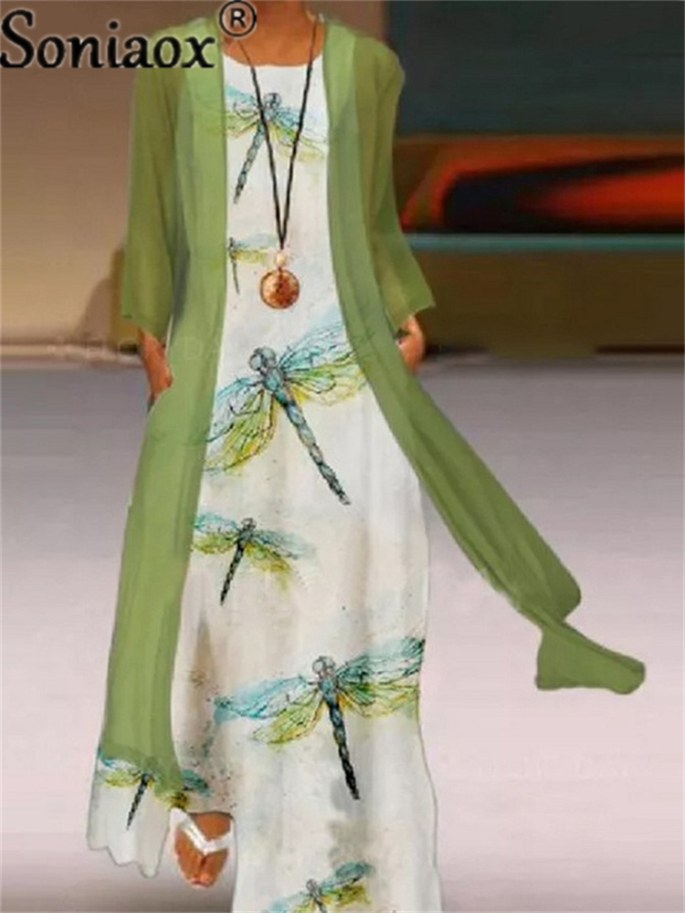 Two-Piece Set Lady Flower Print Sleeveless Maxi Dress With Cardigan Clothes Women Summer Boho Dresses Coat: XL / green