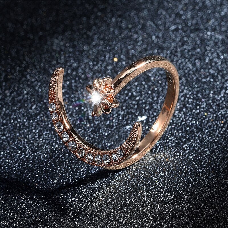 Fingerring sølv farve guld stjerne måne ringe til kvinder bryllupsfest smykker skinne krystal metal blomst åbning anillo: Rose guld