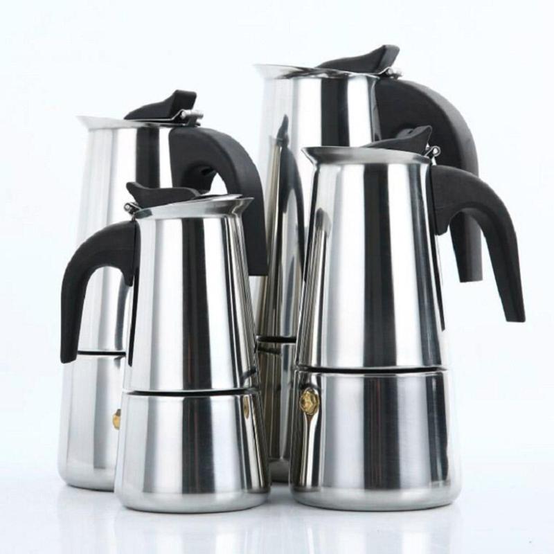 Cafetera tetera portátil 100/200/300/450ML placa encimera Mocha cafetera Moka cafetera de acero inoxidable para Pro Barista