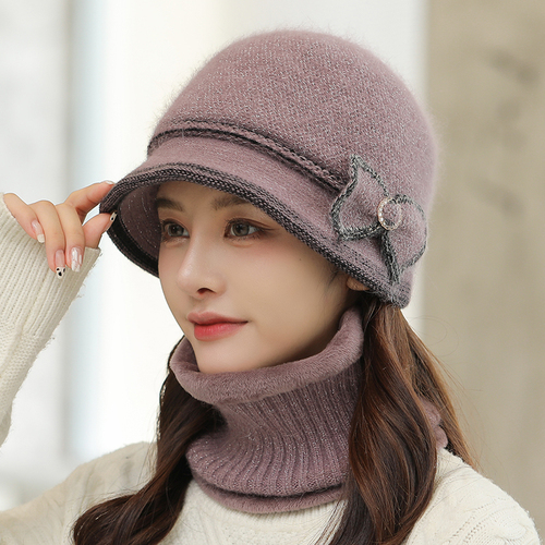 warm Girl Winter Autumn beret hat for women Wool knitted hat for mom Rabbit fur beret solid lady cap fall hat Female cap: Taro purple / A single hat