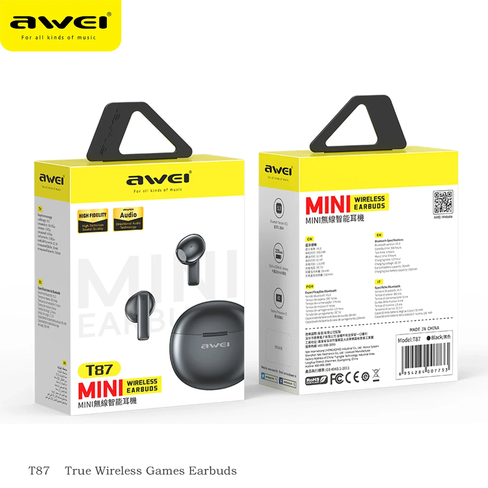 Awei T87 słuchawki Bluetooth 5.3 słuchawki douszne bezprzewodowe słuchawki Bluetooth sterowanie dotykowe zestaw słuchawkowy stereofoniczny wodoodporne słuchawki sportowe
