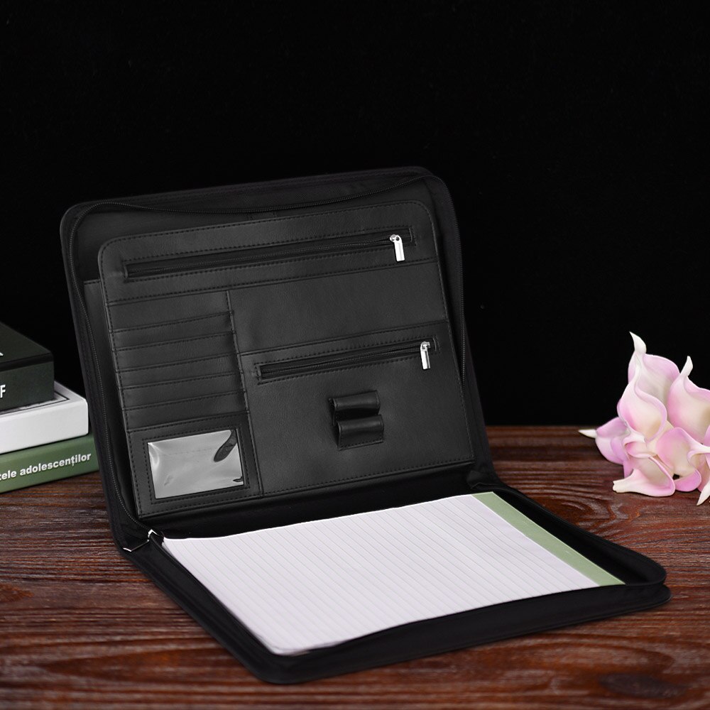 Zippered Multifunctional A4 Portfolio Padfolio File Organizer with Writing Pad Card Pockets for
