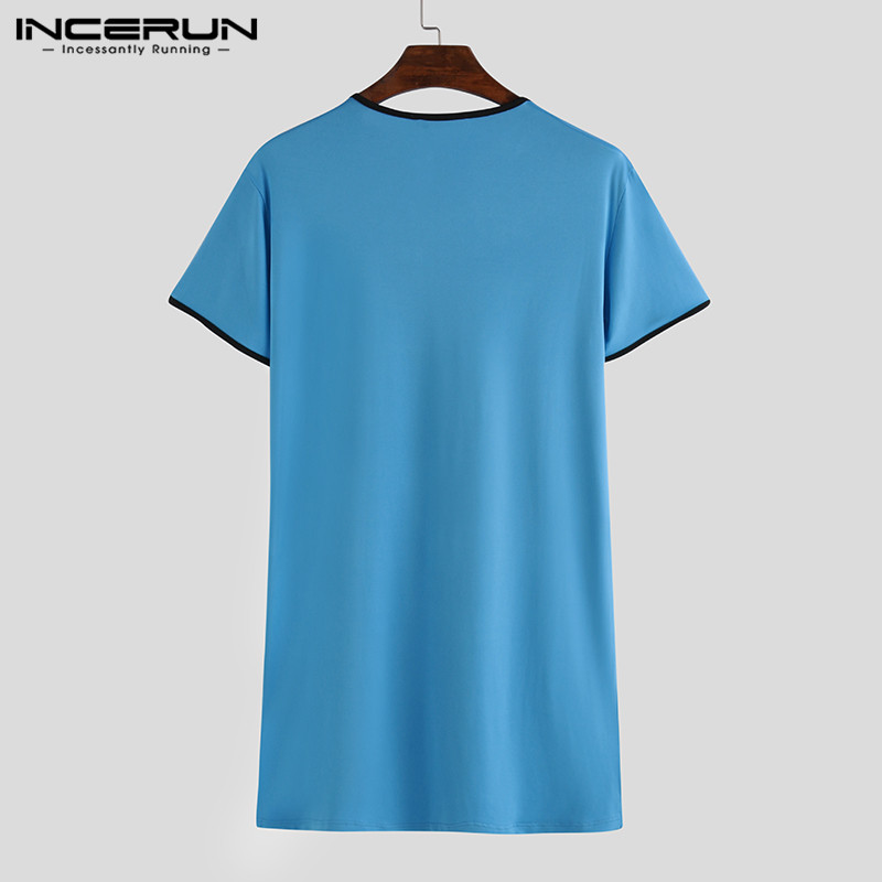 INCERUN Men Pajamas Sleep Tops Short Sleeve Breathable Long T Shirt Summer Casual V Neck Loose Men Sleepwear Homewear S-5XL