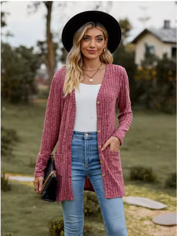 Abrigo de otoño de calle de versátil para citas Top a rayas de manga larga de Color sólido con botones para mujer: L / Rojo