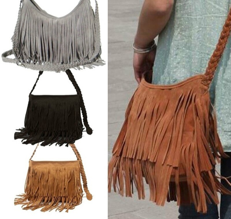 Womens Tassle Fringe Faux Suede Schouder Messenger Crossbody Handtas Portemonnee Zwart Bruin Wit