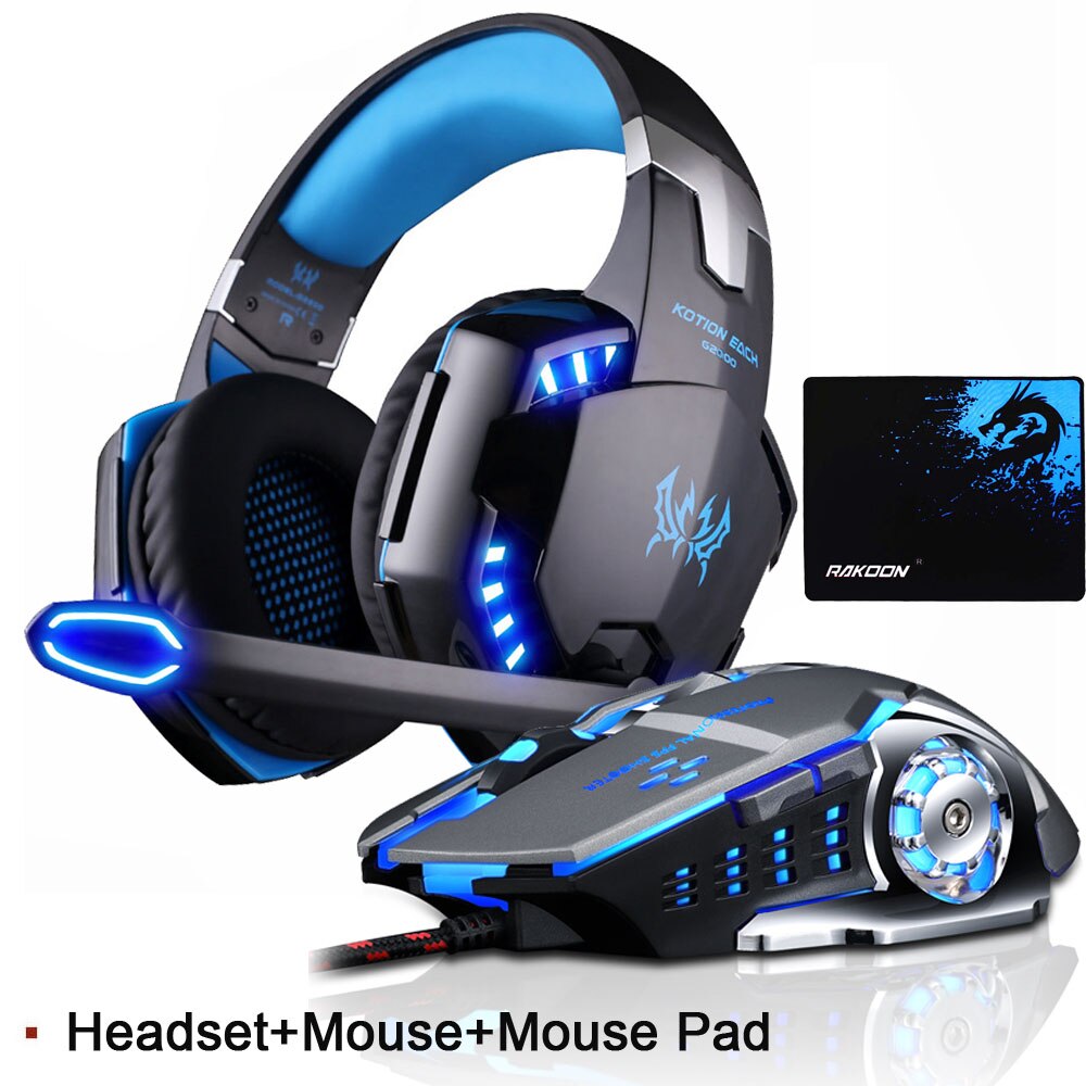 Pc Muizen Gaming Headset Diepe Bas Stereo Game Hoofdtelefoon Met Microfoon Led Licht Voor PS4 Pc Laptop + Gaming Muis + Muizen Pad: G2000 3 Combo
