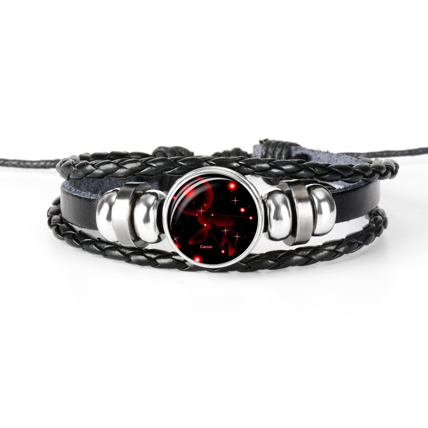 Zodiac Bracelet Charm Diy Jewelry Constellation Glass Metal Buckle Black Multilayer Leather Bracelet Women Men: Cancer