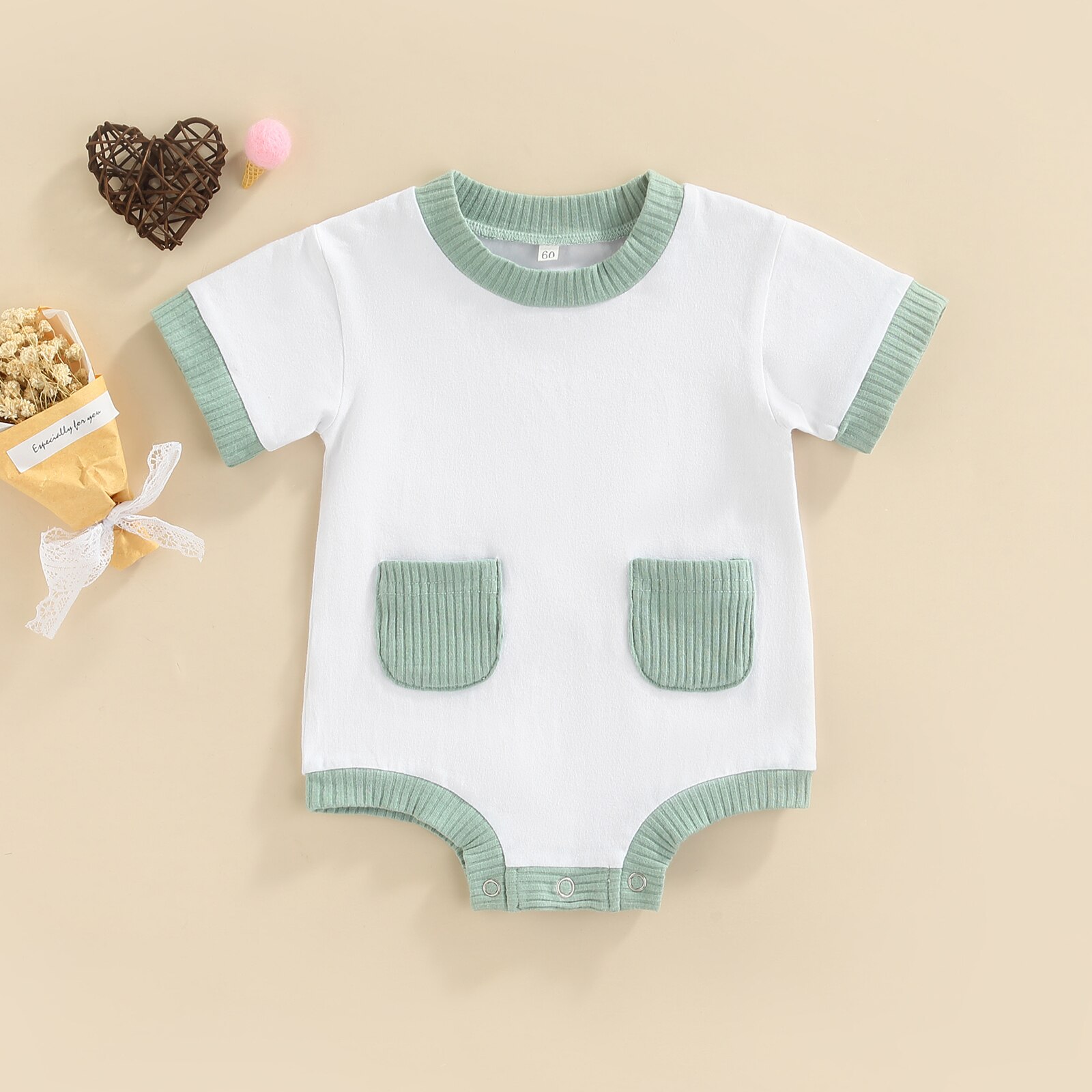 Mono de manga corta con cuello redondo y bolsillos de punto para bebé, pelele informal de 0 a 12 meses, 2022