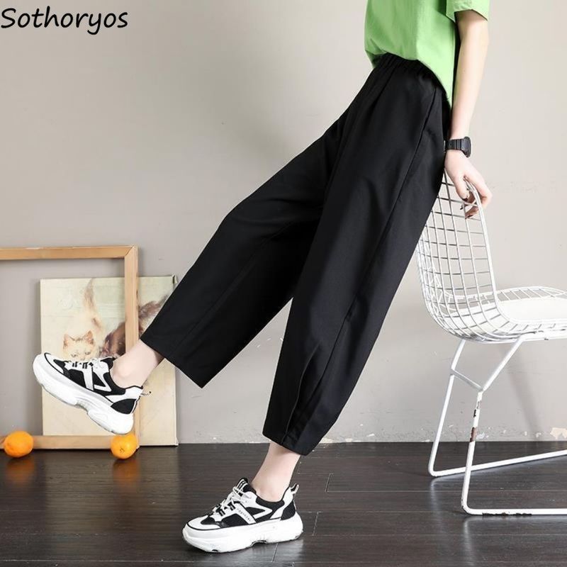 Women Sleep Bottoms Home Pants Ankle-length Loose Black Straight Trousers Thin Oversize Loose Casual Student Outwear